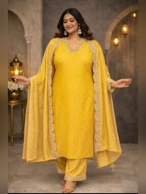 Bright Yellow Art Silk Kurta Set with Palazzo & Dupatta | Sequined Festive